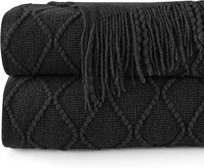 inhand Black Knitted Throw Blanket for Couch and Bed, 50"x60" | Soft Cozy Knit Blanket with Tassel, Lightweight Decorative Blankets and Throws, Farmhouse Warm Woven for Men and Women