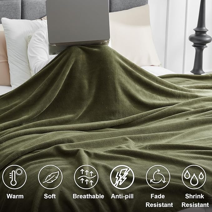 Hansleep King Moss Green Fleece Blanket, Soft Flannel Bed Blanket | Fuzzy Cozy Blanket 90x108 Inches, Multi-use for Bed, Sofa, Couch, Travel, Camping, All Season Warm Lightweight Cover