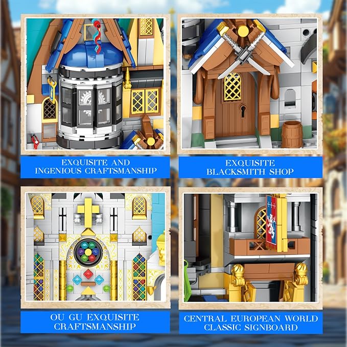 Medieval Architecture Book Nook Building Set with Light, European Century Street View Bookend, DIY Bookshelf Building Block Kit for Home Decor, House Model for Adults Kids Boys Girls Age 8+