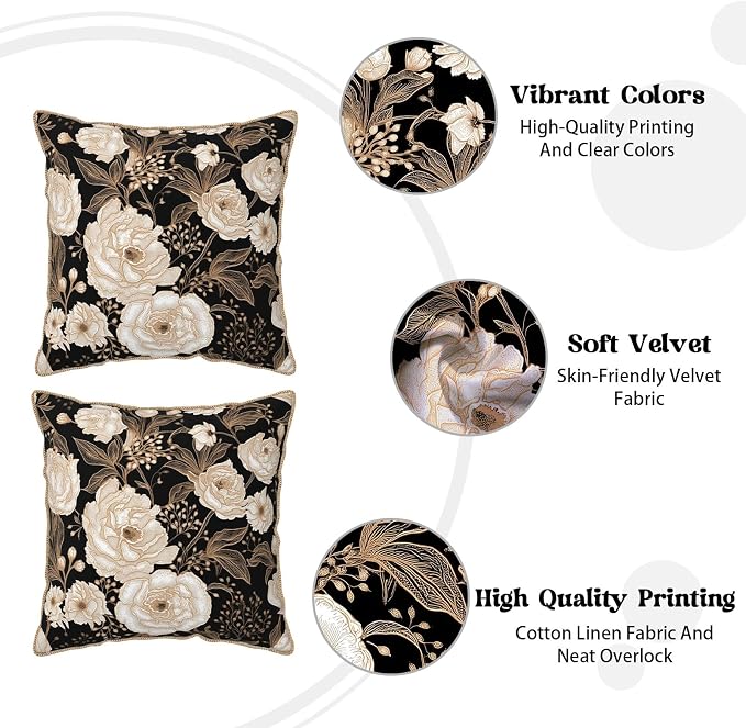 Vintage Peonies Roses Flower Velvet Pillow Covers 16x16 Inch Gold White Aesthetic Floral Leaves Throw Pillows For Couch Cushion Covers Pillowcase Farmhouse Pillow Cases for Sofa Bed Living Room