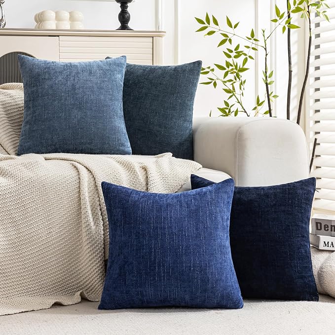 Set of 4 Soft Textured Decorative Throw Pillow Covers 20x20 Inch Cozy Farmhouse Cushion Cover Square Accent Pillow Cases for Bed Couch Sofa Living Room, Blue Series