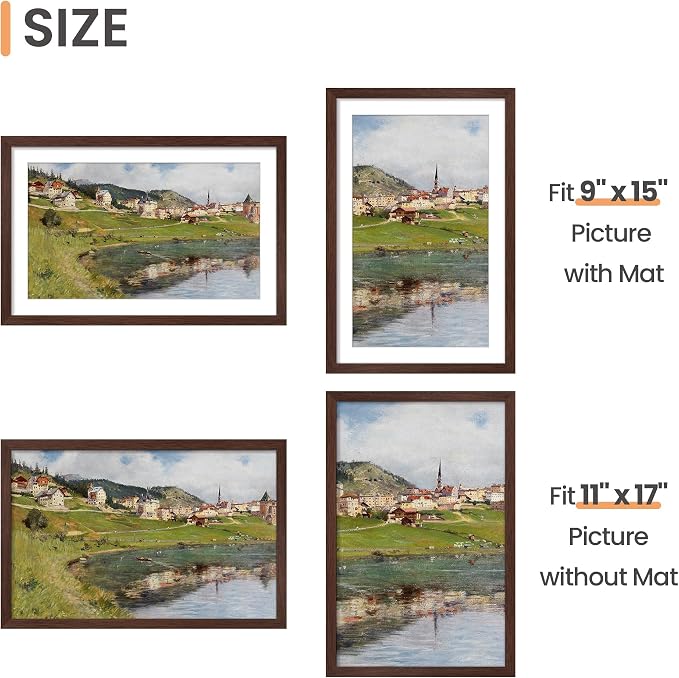 upsimples 11x17 Picture Frame, Display Pictures 9x15 with Mat or 11 x 17 Without, Wall Hanging Poster Frames, Brown, 1 Pack