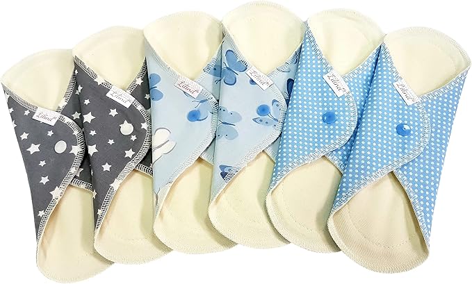 Lilind® 6 Pack Everyday 9" Regular Organic Cloth Pads on Random Color, Reusable Menstrual Sanitary Napkins, 100% Cotton