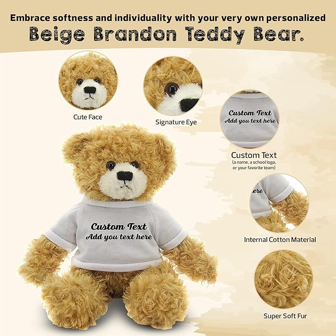 Customized Beige Brandon Bear - 12 inch Personalized Stuffed Bear Plush Toy - Perfect Custom Shirt Bear Gift for Graduation Valentines Graduation Easter Holidays (White Shirt)