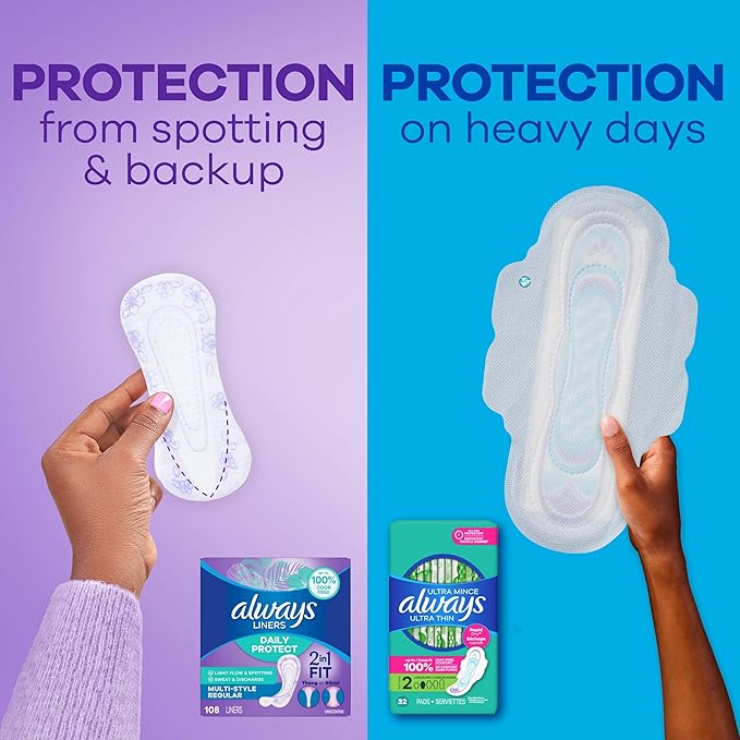 Always Daily Protect Multi-Style Liners, Regular Length, Unscented Panty Liners, Up to 100% Odor Free and Fragrance Free, Cleanguard Quilted Core Absorbs Wetness and Odors, 108 Count