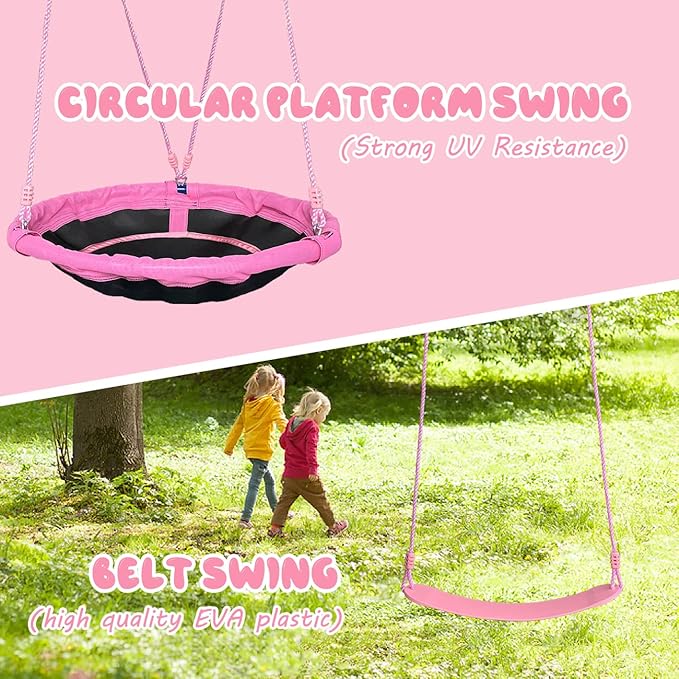 JYGOPLA 440lbs 2 Seat Kids Small Swing Sets for Backyard, 1 Saucer Tree Swing 32 inch, 1 Belt Swings, Heavy Duty Metal Swing Stand with Anchors(Pink+Blue)