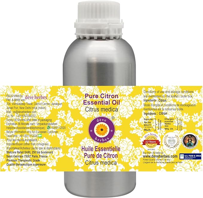 dève herbes Pure Citron Essential Oil (Citrus Medica) Steam Distilled 630ml (21 oz)