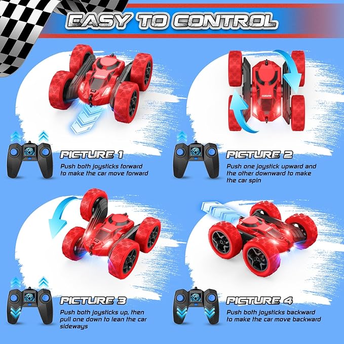 cosone Remote Control Car for Boys - Car Toy for Kids Age 6 7 8 9, 4WD 2.4Ghz Double Sided 360° Rotating RC Cars with Headlights, Christmas Birthday for Boys and Girls - Red