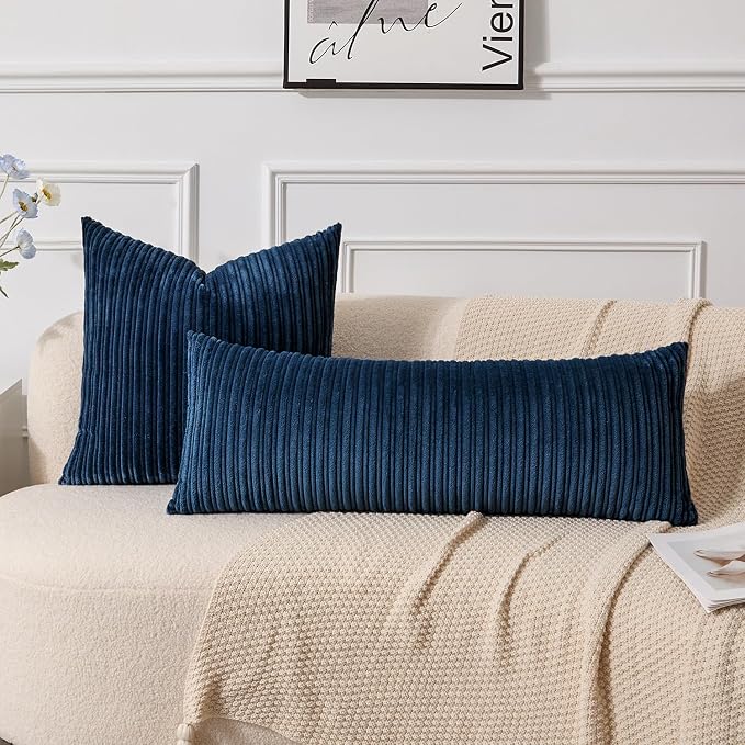 UGASA 14x36 Inch Pillow Cover Pack of 1 Soft Boho Stripe Corduroy Large Long Rectangle Lumbar Cushion Case Farmhouse Decorative Throw Pilowcase for Bed, Couch, Sofa, Bedroom, Living Room, Navy Blue