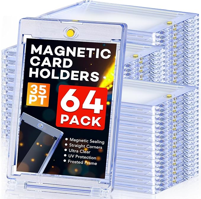 ZENOWICK 64ct Magnetic Card Holders, 35pt One Touch Card Holder, U-V Protection Hard Plastic Case for Trading Cards, Display Case for Sports, Baseball, Football, Game Cards