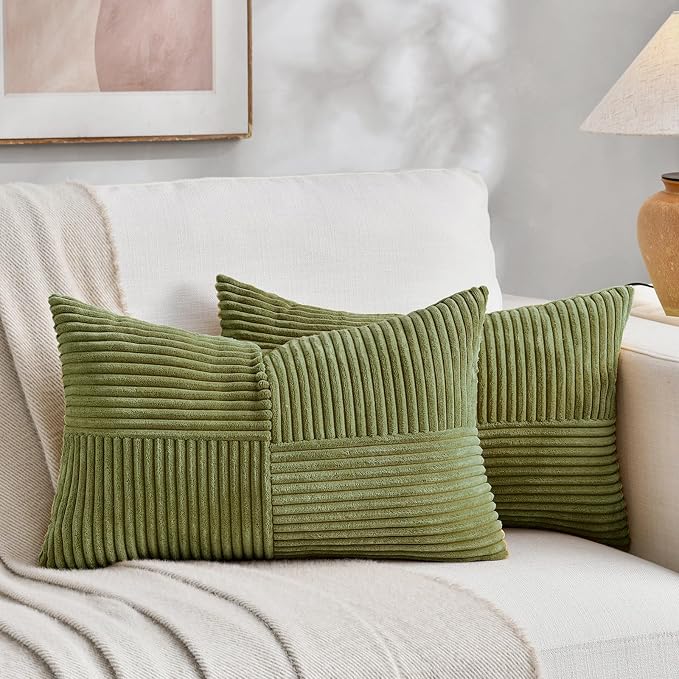 Fancy Homi 2 Packs Moss Green Lumbar Decorative Throw Pillow Covers 16x26 Inch for Living Room Couch Bed, Farmhouse Boho Home Decor, Soft Striped Corduroy Rectangle Accent Cushion Case 65x40 cm