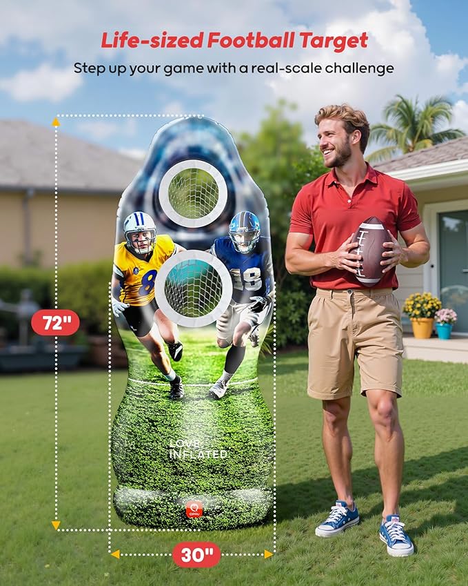 QPAU Dual-Hole Inflatable Football Target for Kids & Adults, Life-Size Backyard Toss Game with 4 Balls, Scoreboard & Pumps – Outdoor Toy for Boys Girls, Sports Training & Family Fun