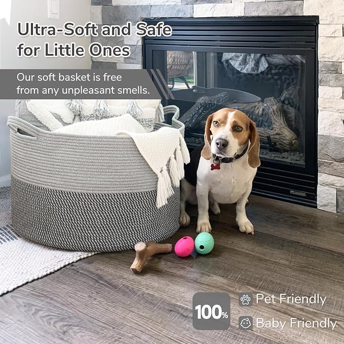 INDRESSME XXXLarge Woven Rope Blanket Basket Living Room Grey, 90L | 21.7" x 13.8" Storage baskets for toys laundry & pillows. Fits living room, bedroom or nursery décor. Soft-touch with handles