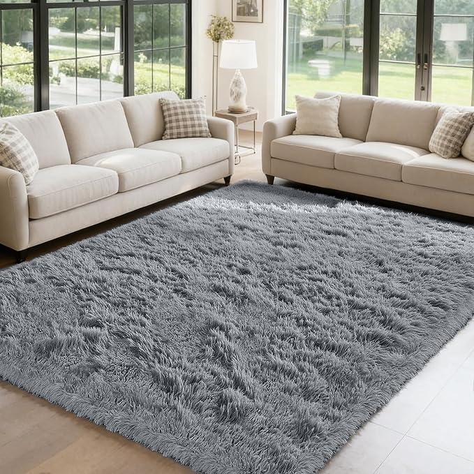Fluffy Rug Shag Area Rug, Light Grey 5x8 Area Rugs for Bedroom, Small Bedside Rug, Soft Fluffy Shag Entryway Throw Rugs for Living Room Bedroom Room Home Decor
