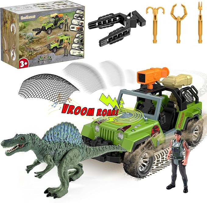 EKU Dinosaur Park Truck with 10 Sounds, Capture Net, Clamp, Launcher, Chomping Spinosaurus Figure, Human, Push and Go Adventure Vehicle for Jurassic World Toys Pretend Play Gifts for Kids 3+