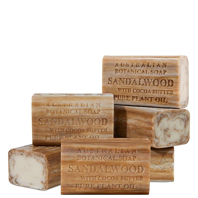 Australian Botanical Soap Sandalwood with Cocoa Butter – Triple Milled 6.6 oz Bar Soap with Shea Butter, Face Hand & Body Soap Bars, Pack of 6