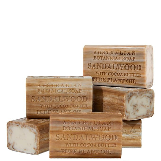 Australian Botanical Soap Sandalwood with Cocoa Butter – Triple Milled 6.6 oz Bar Soap with Shea Butter, Face Hand & Body Soap Bars, Pack of 6