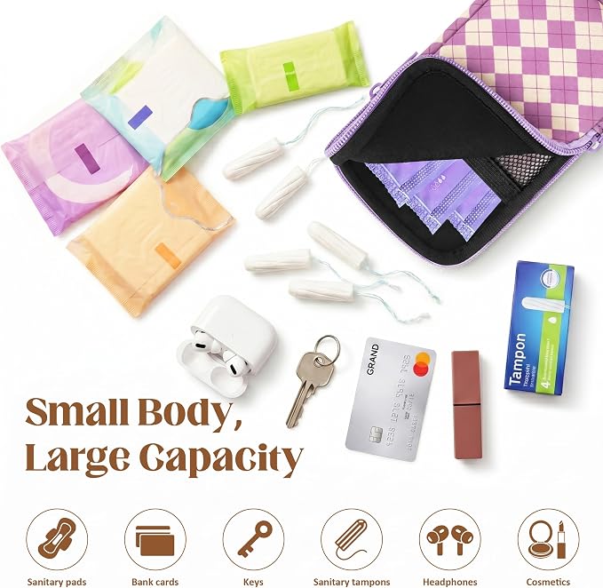 2 Pack Portable Tampon Holder Zippered Pouch with Snap Hook, Waterproof Travel-Friendly Discreet Period Bag, Feminine Products Organizer for Women Purse (Diamond（Purple+Blue)