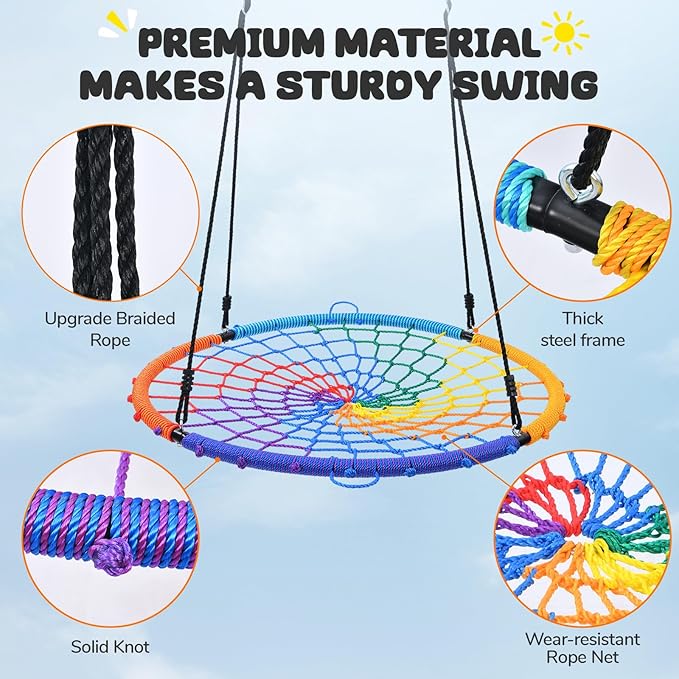 Trekassy 45" 750lbs Spider Web Tree Swing for Kids & Adults, Outdoor Steel Frame Saucer Net Swing with Swivel, Adjustable Ropes + 2 Tree Hanging Straps - Rainbow (Patented)