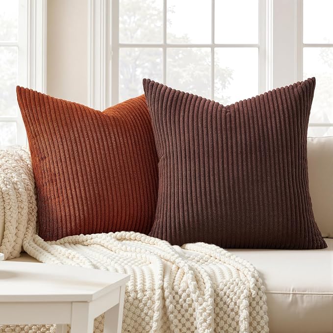 Topfinel Beige Brown Throw Pillow Covers Rustic Modern Soft Corduroy Striped Decorative Cushion Cover 16x16 Inch Gradient Farmhouse Pillow Case Set of 4 for Sofa Couch Living Room Bedroom