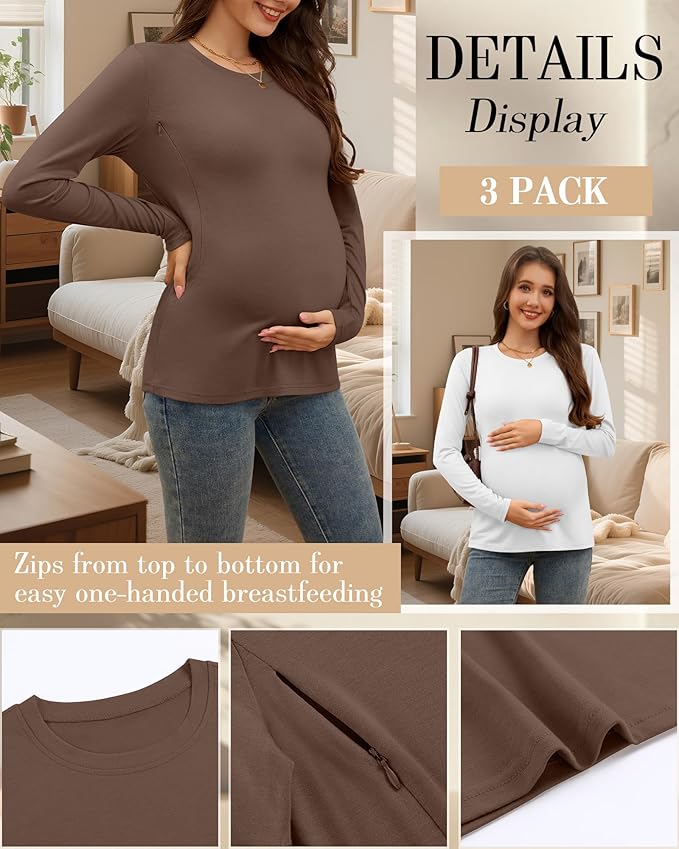 3 Pack Nursing Tops for Breastfeeding Maternity Shirts Zipper Long Sleeve Round Neck Knit Casual Nursing Clothes