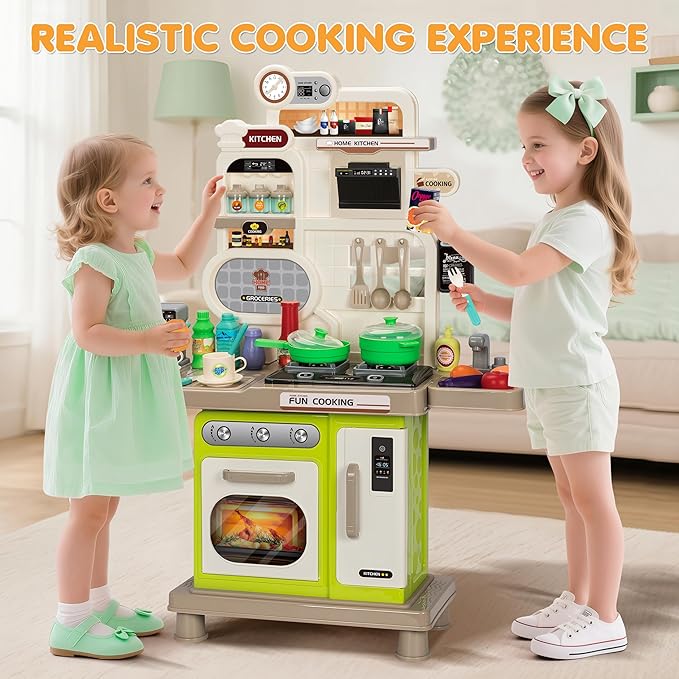 Kids Play Kitchen Set, Toddler Kitchen Playset with Light & Sound, Cooking Stove, Play Sink, Coffee Maker, Play Food Toy and Kitchen Accessories, Kitchen Toy for Kids Girls Boys - Green