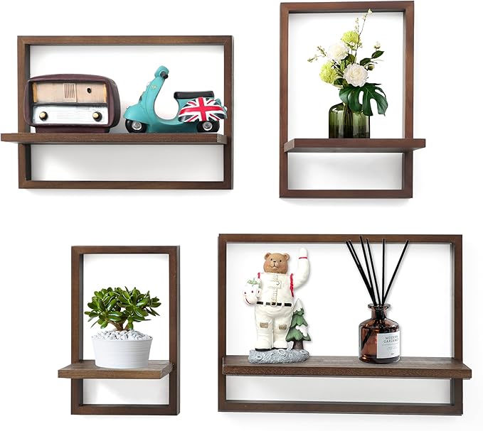 Floating Shelves for Wall,Decorative Wall Shelves,Plants Shelf Framed | Square Wall Decor,Art Sconces Artificial Vases Hanging Storage Shelf for Bathroom Living Room,Wood,Set of 4,Rustic Walnut