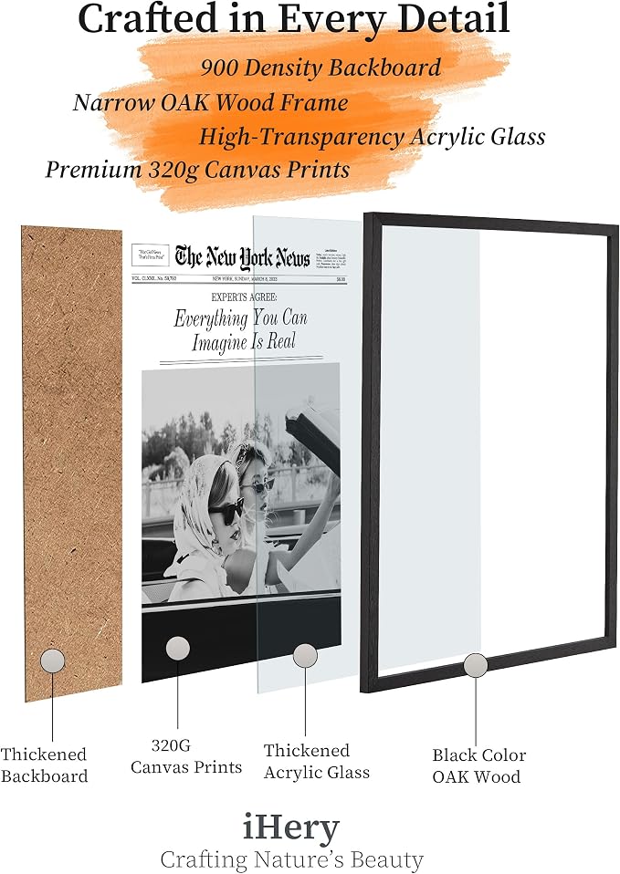 iHery 8x10in Everything You Can Imagine Is Real Framed Newspaper Art | Premium Black Natural OAK Wood Frame with Canvas Print, Vintage Girls Decor for Bedroom, Living Room, Dorm 1Pack