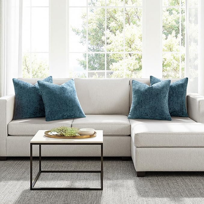 MIULEE Soft Decorative Chenille Pillow Covers Smoke Blue 20x20 Pack of 4 | Coastal Home Decor, All Same Color Set, Couch Throw Pillows, Farmhouse Boho Cushion Covers for Sofa Bed Living Room