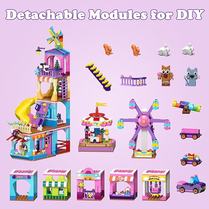HOGOKIDS 3 Modes Girls Park Building Set - Friendship City Park Building Blocks Toy Set, Friends DIY Building Toys with Ferris Wheel, Spinning Carousel, Slide | Gifts for Girls Boys Age 8 9 10 11 12+