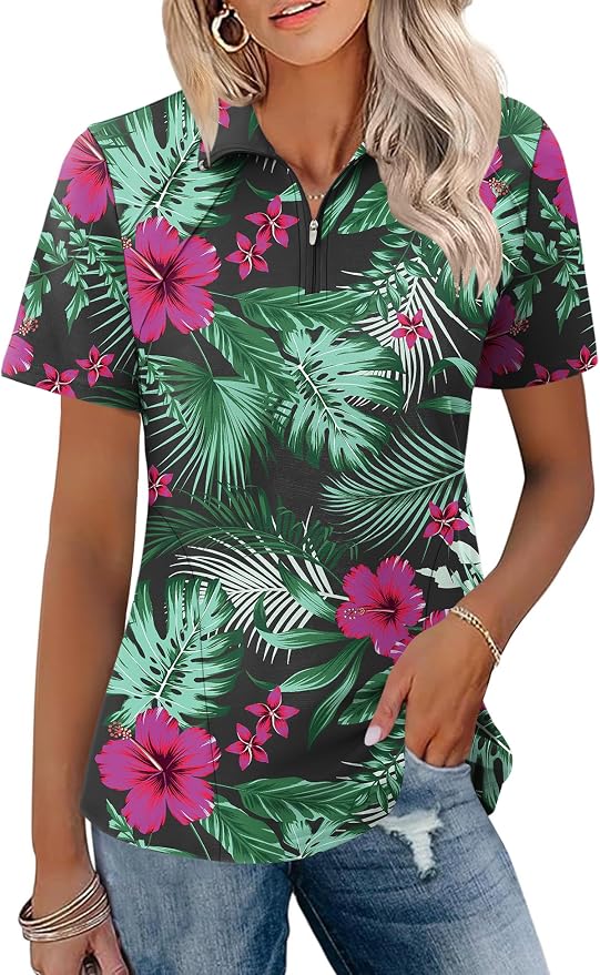 LOMON Womens Golf Polo Shirt Summer Short Sleeve Quarter Zip Outfit | Side-Pockets,Princess Seams,Cotton,Wrinkle Free,Moisture Wicking,Quick-Dry,Lightweight,Collared,for Tennis Workout