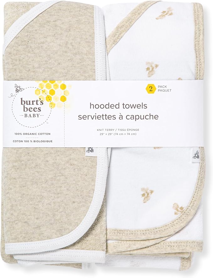 Burt's Bees Baby Infant Hooded Towels, Organic Cotton, Unisex Bath Essentials, Nursery Towel with Hood Set, 29 x 29 in, 2-Pack