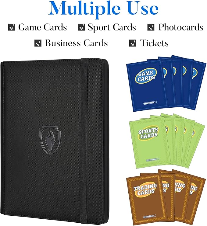 Premium 9 Pocket Card Binder for 360 Cards, Fabmaker PU Cover Trading Card Binder, Sturdy Card Collection Album, Sleek Card Holder Folders for Game Cards & Sports Cards, Black