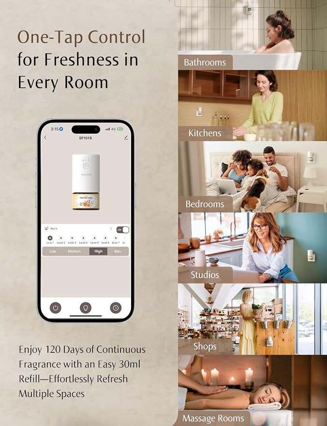 SF101S Pro Smart Plug in Air Freshener for Home, Waterless Essential Oil Diffuser, Aromatherapy Home Diffuser, 120-Day Natural Aroma Mist – Free 30ml Lavender Citrus Musk (Soft Lilac)