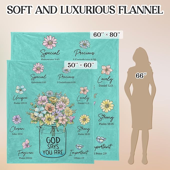 Christian Gifts for Women, Aqua Christian Blanket with Flowers 80''x 60'' | Birthday Gifts for Women, Spiritual Baptism Religious Gifts for Sister Mom Daughter Girls Wife, Soft Throw Blankets