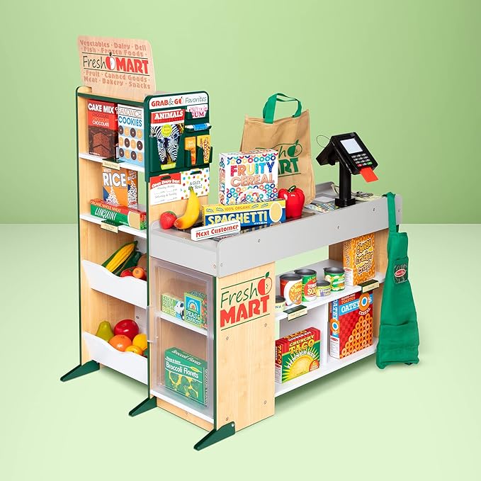 Melissa & Doug, Fresh Mart Pretend Grocery Store, Kids Cash Register with Scanner, Shelves, & Conveyor Belt, Kids Toys for Girls & Boys