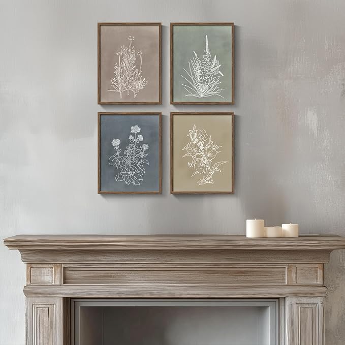 Framed Boho Botanical Wall Art for Bathroom, 4 Piece Rustic Floral Canvas Painting Prints Artwork, Vintage Neutral Flower Pictures for Farmhouse Bedroom Dining Room Kitchen Office Wall Decor, 8x10 In