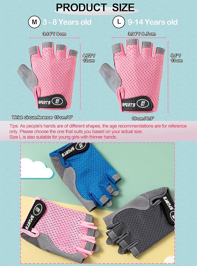 Kids Fingerless Cycling Gloves Non-Slip Bike Gloves for Youth Girls Boys 3-14T, Breathable Gloves for Skating Scooter