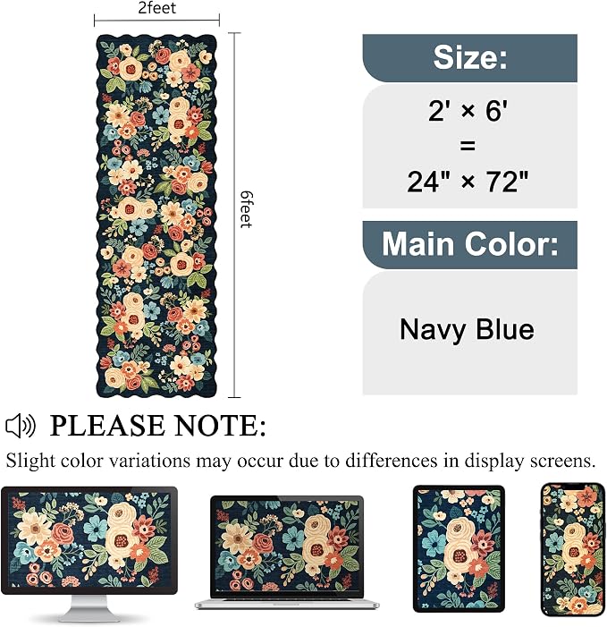 DUKINO 2x6 Runner Rug, Floral Washable Rug for Kitchen Non Slip, Navy Blue | Soft, Low Pile, Non-Shedding Long Runner Rugs for Kitchen, Entryway, Bedroom, Bathroom, Pet Friendly, Home Decor, Ultra-Thin