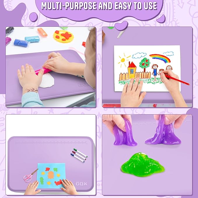 Silicone Art Mat for Crafts, 24" x 16" Painting Mat for Kids with Raised Sides to Stay Tidy, Paint Craft Mats for Clay, Resin, Slime, Jewelry-Making & Crafts Creation (Purple)