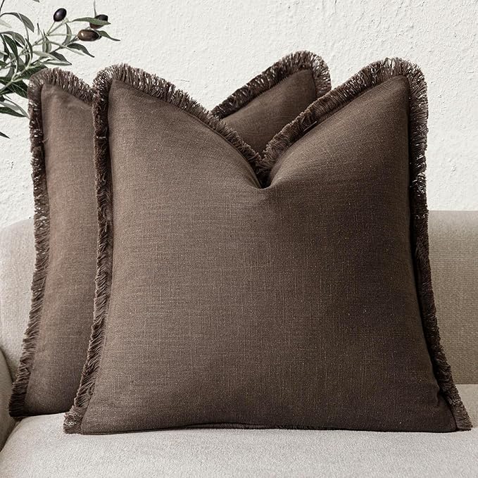 Foindtower Set of 2 Decorative Linen Fringe Throw Pillow Covers Boho Farmhouse Cushion Cover with Tassels Soft Accent Pillowcase for Couch Sofa Bed Living Room Home Decor,20×20 Inch,Reddish Brown