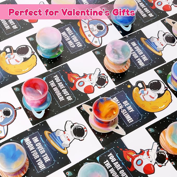 28 Pack Valentines Day Gifts for Kids School Classroom - Galaxy Slime Stress Relief Fidget Toys with Valentines Day Cards, School Classroom Exchange, Valentines Class Party Favors