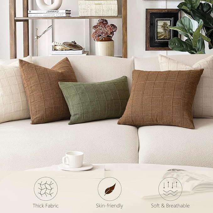 Foindtower Set of 2 Decorative Linen Check Throw Pillow Covers Neutral Farmhouse Vintage Cushion Covers Modern Boho Home Decor for Sofa Chair Couch Bedroom Living Room,20×20 Inch,Natural Beige