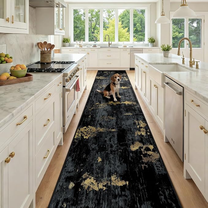 RELEANY Washable Runner 2'6"x12' Abstract Area Rug for Hallway Black Gold | carpet for kitchen, entryway, bathroom, living room, bedroom, printed pattern, non-slip, soft, stain-resistant, easy to clean