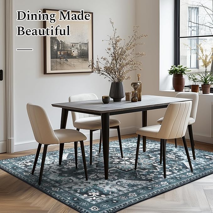 Rugflix 4x6 Area Rugs for Living Room, Washable Dark Navy Blue Rug | Machine Washable; Stain-Resistant; Low Pile; Non-Slip; Vintage Farmhouse; Carpet for Bedroom Dining Office Nursery Home