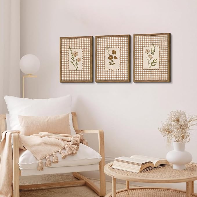 Framed Vintage Floral Wall Art Set of 3, Neutral Wildflower Botanical Canvas Wall Decor Paintings, Cottagecore Gingham Flower Posters Prints Pictures for Living Room Bedroom Bathroom 16x24 Inch