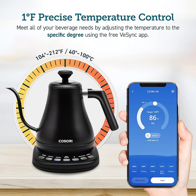 Cosori Electric Gooseneck Kettle Smart Bluetooth with Variable Temperature Control, Pour Over Coffee & Tea, 100% Stainless Steel Inner Lid & Bottom, Quick Heating, Matte Black