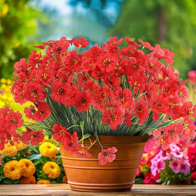 ColoPlay 24 Bundles Red Artificial Flowers for Outdoors, Fake Flowers | Fake Plants Outdoors, UV Resistant Faux Flowers for Indoor Outside Garden Porch Window Box Home Wedding Farmhouse
