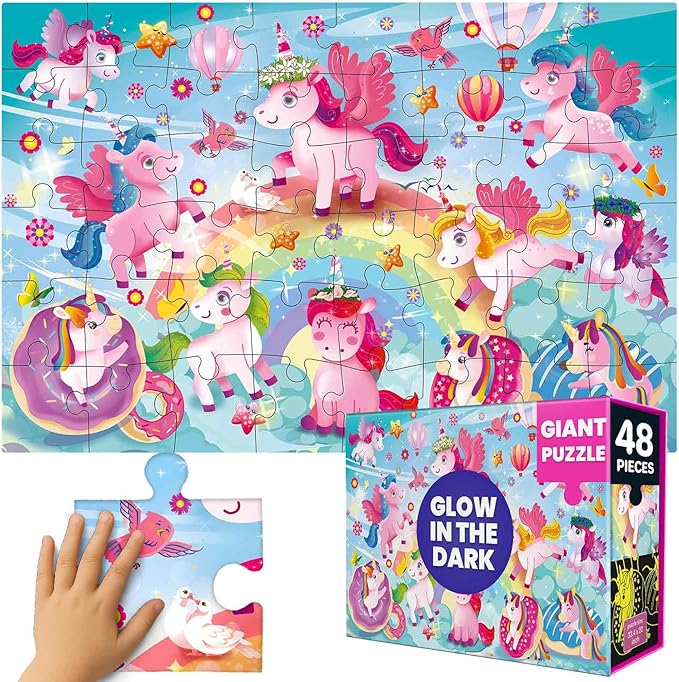 QUOKKA Floor Puzzles for Kids Ages 4–8 – 2x3 FT Giant Glow in The Dark Jigsaw – 48 Large Pieces – Magical Fantasy Unicorn Scene – Montessori Toy with Gift Box – Fun Learning Activity