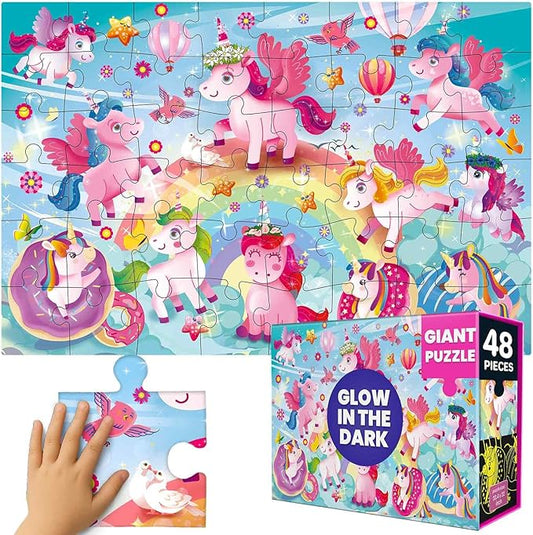 QUOKKA Floor Puzzles for Kids Ages 4–8 – 2x3 FT Giant Glow in The Dark Jigsaw – 48 Large Pieces – Magical Fantasy Unicorn Scene – Montessori Toy with Gift Box – Fun Learning Activity